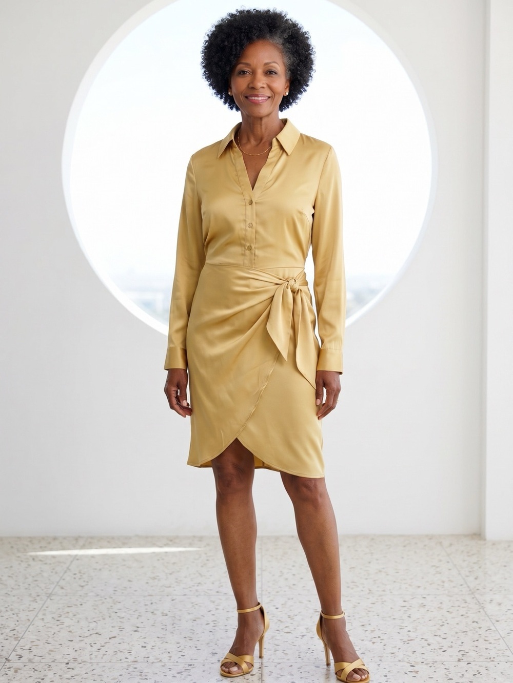2331 - GUESS Gold Satin Faux-Wrap Long Sleeve Dress - Size XS